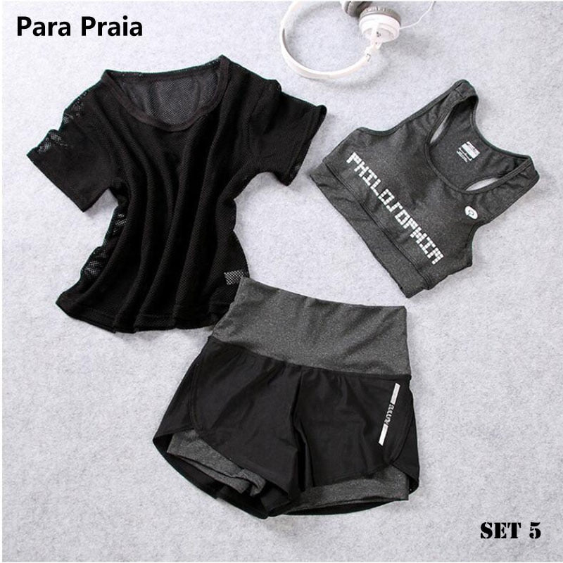 High Waist Three Piece Yoga Set Sportswear for Women Sports Bra Fitness Clothing Women Sports Shorts Gym Workout Crop Top Women