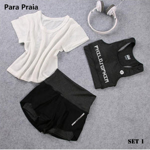 High Waist Three Piece Yoga Set Sportswear for Women Sports Bra Fitness Clothing Women Sports Shorts Gym Workout Crop Top Women