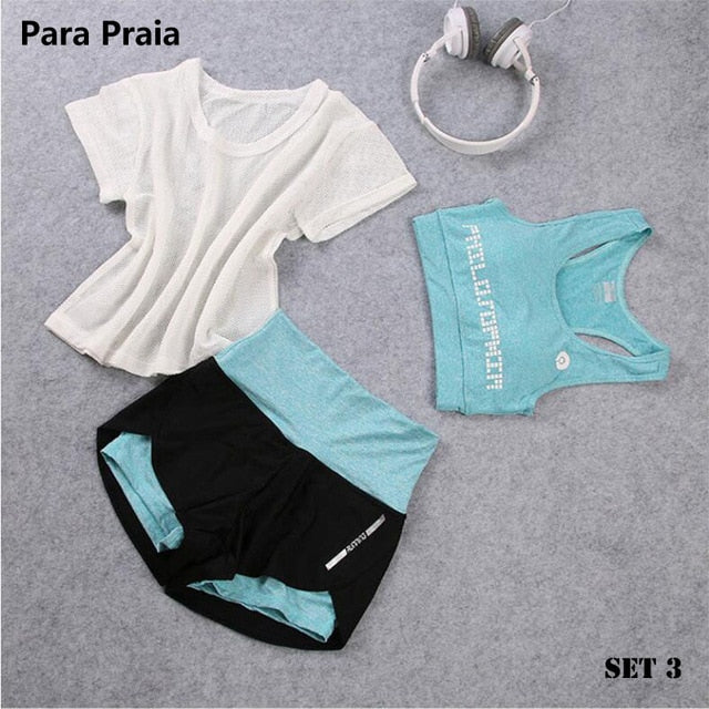 High Waist Three Piece Yoga Set Sportswear for Women Sports Bra Fitness Clothing Women Sports Shorts Gym Workout Crop Top Women