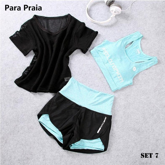 High Waist Three Piece Yoga Set Sportswear for Women Sports Bra Fitness Clothing Women Sports Shorts Gym Workout Crop Top Women