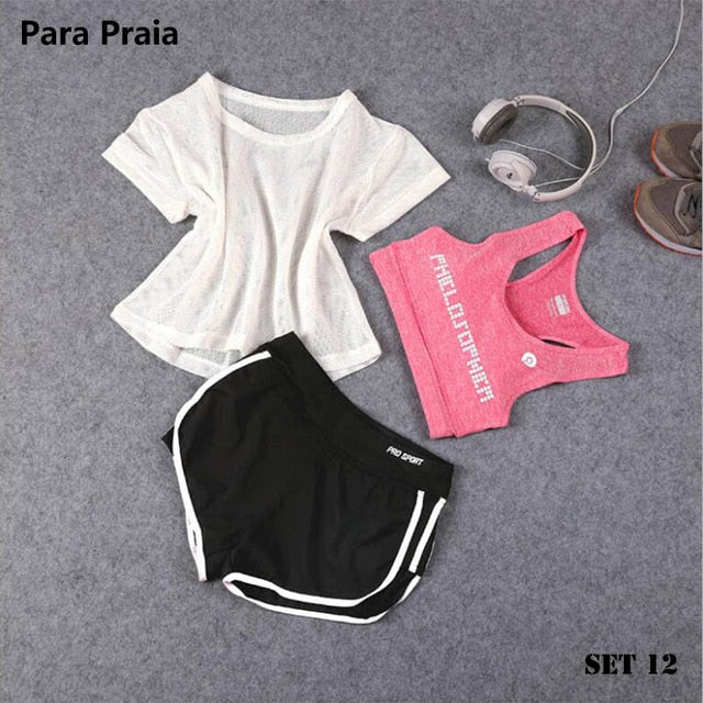 High Waist Three Piece Yoga Set Sportswear for Women Sports Bra Fitness Clothing Women Sports Shorts Gym Workout Crop Top Women