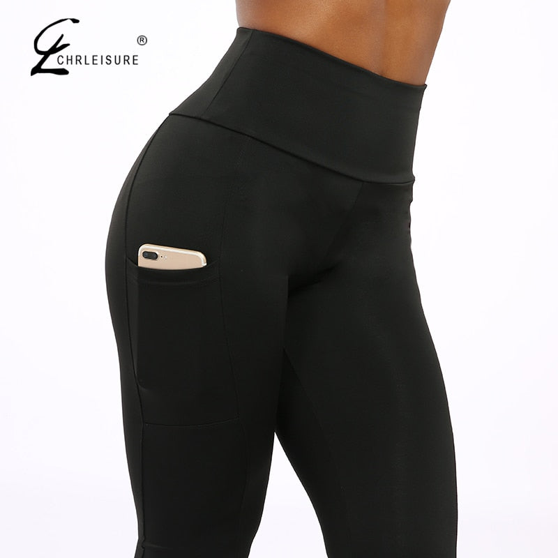 CHRLEISURE Push Up Fitness Leggings Women High Waist Workout Legging with Pockets Patchwork Leggins Pants Women Fitness Clothing