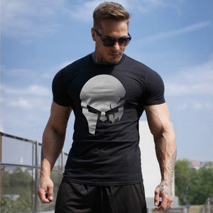 Skull Print Casual Cotton T-shirt Men Gyms Fitness Short sleeve Slim t shirt Male Summer Fashion Black O-Neck Tees Tops Clothing