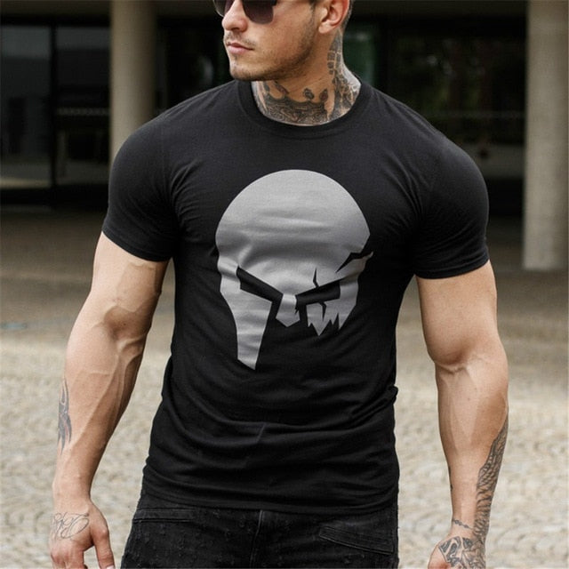 Skull Print Casual Cotton T-shirt Men Gyms Fitness Short sleeve Slim t shirt Male Summer Fashion Black O-Neck Tees Tops Clothing