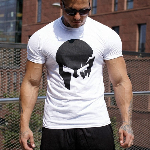 Skull Print Casual Cotton T-shirt Men Gyms Fitness Short sleeve Slim t shirt Male Summer Fashion Black O-Neck Tees Tops Clothing