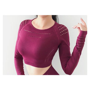 2020 New Women's Fitness T-Shirt Sport Crop Top Long Sleeve Layer Crew Neck Power Stretch  Yoga Crop Top Sexy Gym Clothing