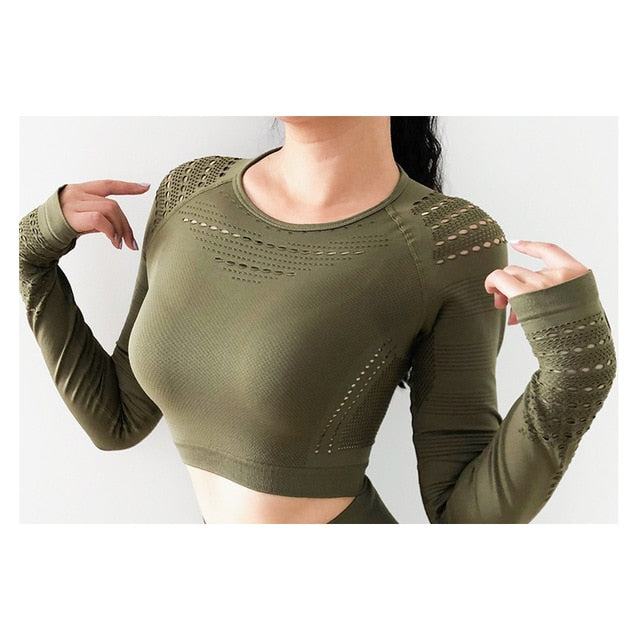 2020 New Women's Fitness T-Shirt Sport Crop Top Long Sleeve Layer Crew Neck Power Stretch  Yoga Crop Top Sexy Gym Clothing