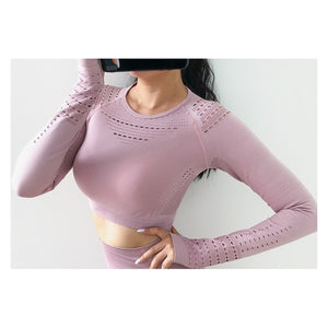 2020 New Women's Fitness T-Shirt Sport Crop Top Long Sleeve Layer Crew Neck Power Stretch  Yoga Crop Top Sexy Gym Clothing